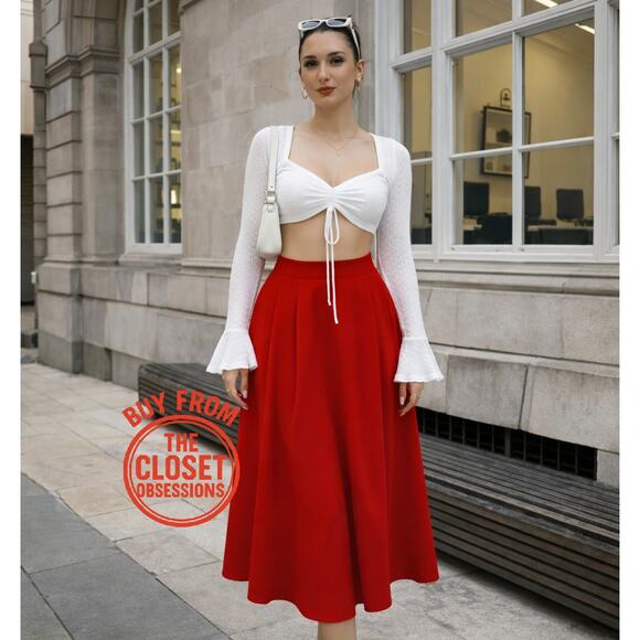 Zara Dresses & Skirts - ZARA Blogger Fave Bright Red A-Line High Waist Midi Skirt NWT